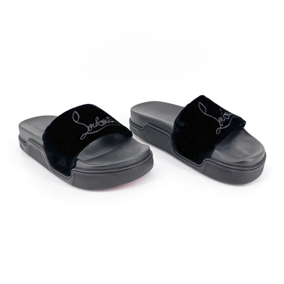 Christian Louboutin 'Navy Pool' Slide Sandals Size 37 US 7 Black Velvet Logo 30 - Picture 1 of 12